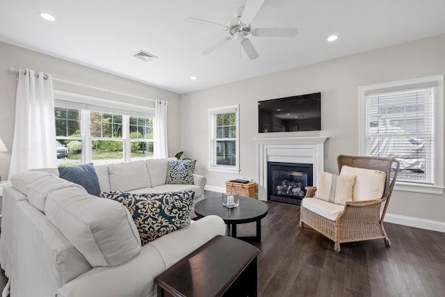 30 Pepperell Way Unit 58, Arundel, ME 04046 - living area featuring dark wood-type flooring, a ceiling fan, a glass covered fireplace, and recessed lighting