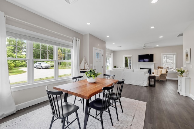 30 Pepperell Way Unit 58, Arundel, ME 04046 - dining space featuring recessed lighting, a fireplace, ceiling fan, and dark wood-style flooring