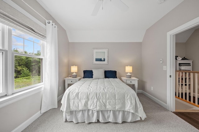 30 Pepperell Way Unit 58, Arundel, ME 04046 - carpeted bedroom featuring vaulted ceiling and a ceiling fan
