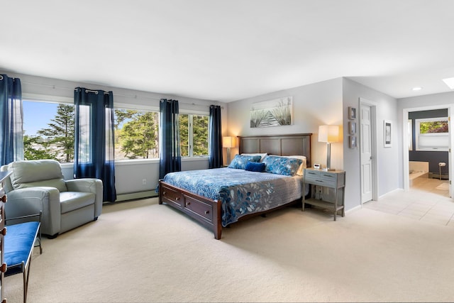 167 Hayden Point Rd, South Thomaston, ME 04858 - bedroom featuring a baseboard radiator, light carpet, multiple windows, and recessed lighting