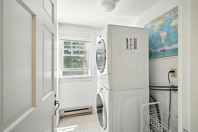 18 Fern Ave, Falmouth, ME 04105 - laundry area with a baseboard heating unit and stacked washer / dryer