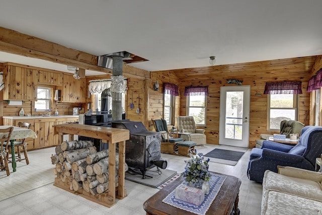 M18L1 Troutdale Rd, The Forks Plt, ME 04985 - living room with a wood stove and wood walls