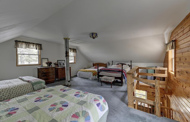 M18L1 Troutdale Rd, The Forks Plt, ME 04985 - bedroom with lofted ceiling, carpet, and wooden walls