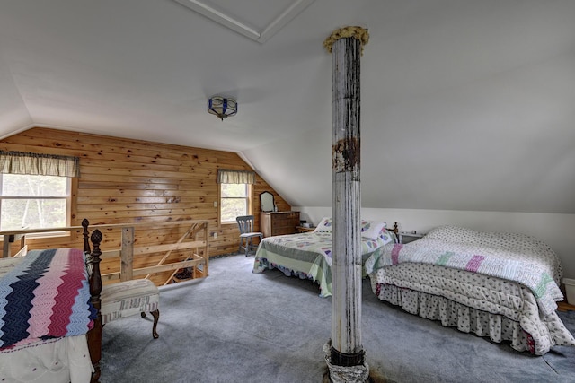 M18L1 Troutdale Rd, The Forks Plt, ME 04985 - bedroom featuring lofted ceiling, carpet floors, and wood walls
