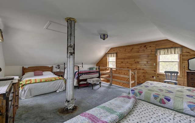 M18L1 Troutdale Rd, The Forks Plt, ME 04985 - bedroom featuring vaulted ceiling, wooden walls, and carpet