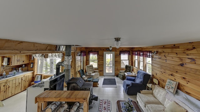 M18L1 Troutdale Rd, The Forks Plt, ME 04985 - living area with wood walls and a wood stove