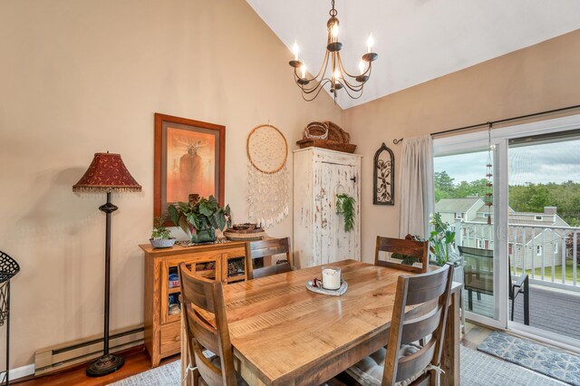 25 Riverview Dr Unit D, North Berwick, ME 03906 - dining room featuring a baseboard radiator, a chandelier, high vaulted ceiling, and wood finished floors