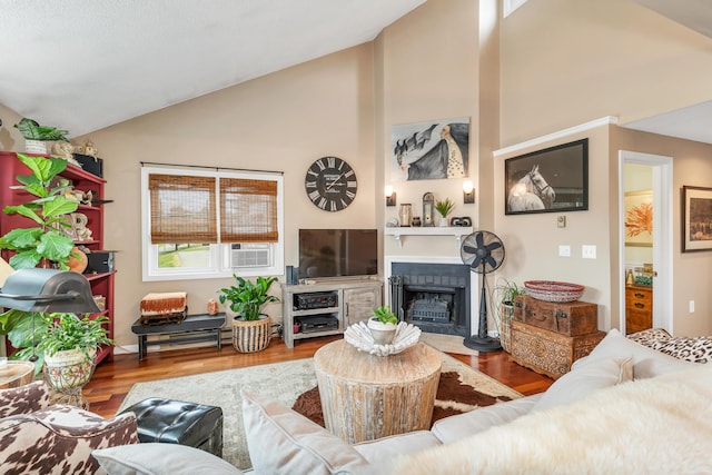 25 Riverview Dr Unit D, North Berwick, ME 03906 - living area with high vaulted ceiling, wood finished floors, and a fireplace with flush hearth