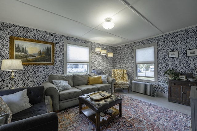 7 Hazen St, Norway, ME 04268 - carpeted living room featuring radiator and wallpapered walls