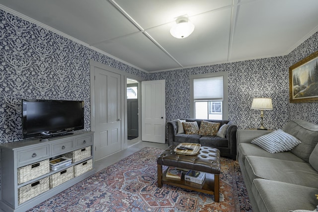 7 Hazen St, Norway, ME 04268 - living room with wallpapered walls and ornamental molding