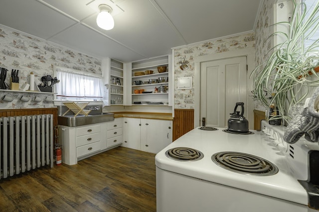 7 Hazen St, Norway, ME 04268 - kitchen with radiator heating unit, wallpapered walls, open shelves, white cabinets, and electric stove