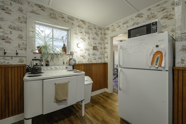 7 Hazen St, Norway, ME 04268 - kitchen with white appliances, wallpapered walls, a wainscoted wall, wood finished floors, and ornamental molding