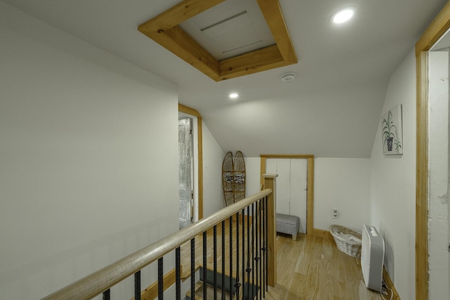 7 Hazen St, Norway, ME 04268 - corridor featuring an upstairs landing, light wood-type flooring, recessed lighting, and vaulted ceiling