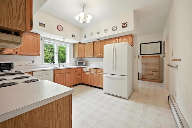 15 Loon Call Dr, Belgrade, ME 04917 - kitchen with white appliances, a baseboard heating unit, a chandelier, light countertops, and light floors