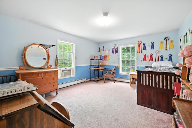 15 Loon Call Dr, Belgrade, ME 04917 - carpeted bedroom featuring a baseboard radiator, multiple windows, and cooling unit