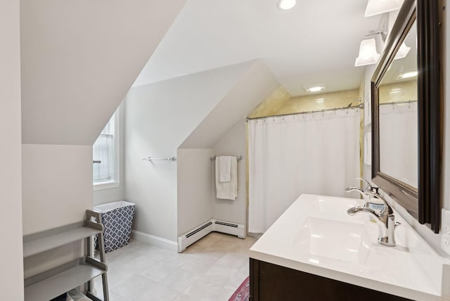 3 Flintlock Ln, Falmouth, ME 04105 - full bathroom with a baseboard heating unit, double vanity, vaulted ceiling, and a shower with curtain