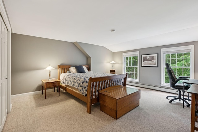 3 Flintlock Ln, Falmouth, ME 04105 - bedroom featuring light colored carpet, lofted ceiling, an office area, and baseboard heating