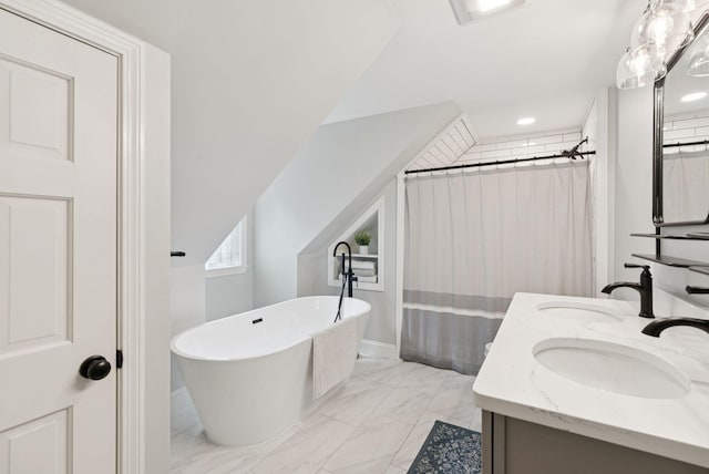 3 Flintlock Ln, Falmouth, ME 04105 - bathroom with a freestanding tub, marble look tiles, double vanity, recessed lighting, and curtained shower