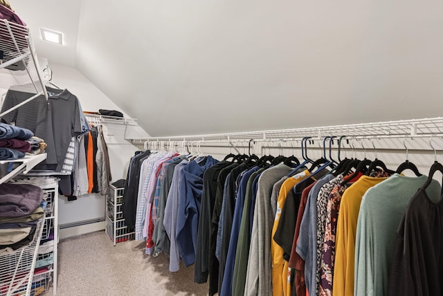 3 Flintlock Ln, Falmouth, ME 04105 - walk in closet with a baseboard radiator, vaulted ceiling, and carpet flooring