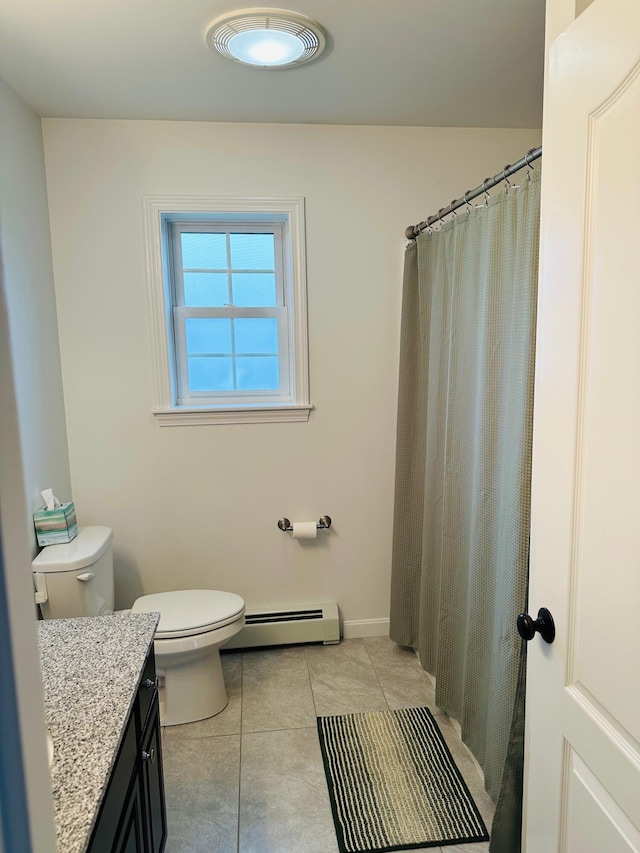 905 Blackstream Rd, Hermon, ME 04401 - bathroom with a baseboard heating unit, vanity, tile patterned flooring, and a shower with shower curtain