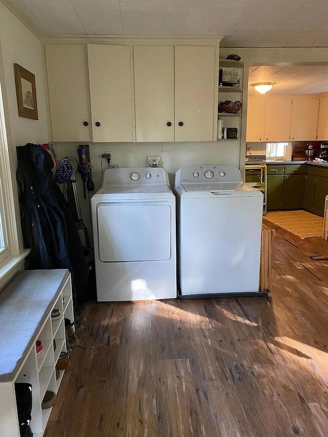 22 Lamb Farm Rd, Brunswick, ME 04011 - washroom with washer and clothes dryer, dark wood-style flooring, and cabinet space