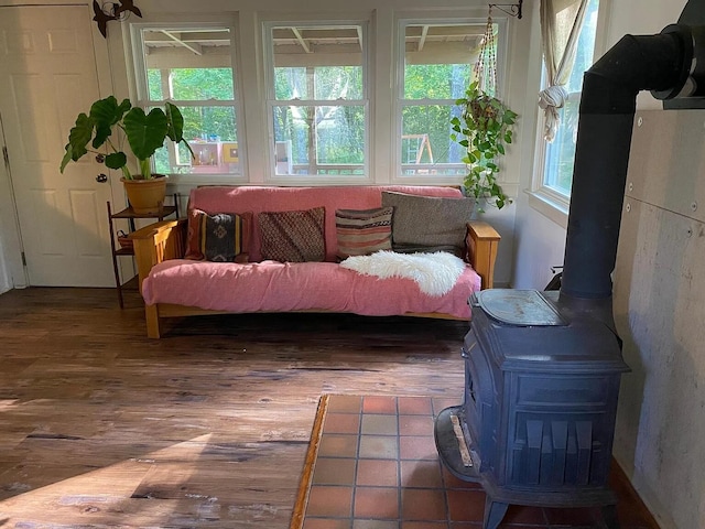 22 Lamb Farm Rd, Brunswick, ME 04011 - sunroom / solarium featuring a wood stove