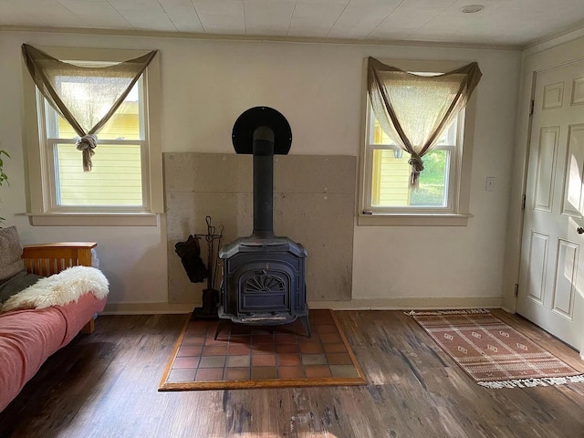 22 Lamb Farm Rd, Brunswick, ME 04011 - living area featuring wood finished floors, ornamental molding, and a wood stove