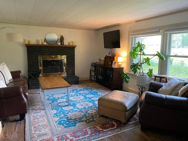 22 Lamb Farm Rd, Brunswick, ME 04011 - living room with wood finished floors and a brick fireplace