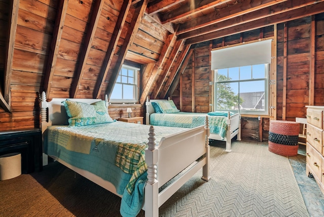 6 Fort Hill Ave, York, ME 03909 - carpeted bedroom featuring lofted ceiling and wooden walls