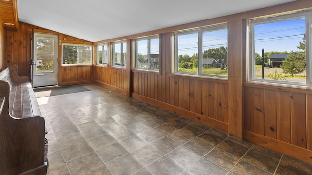 178 Potter Rd, Hudson, ME 04449 - unfurnished sunroom featuring vaulted ceiling and wooden walls