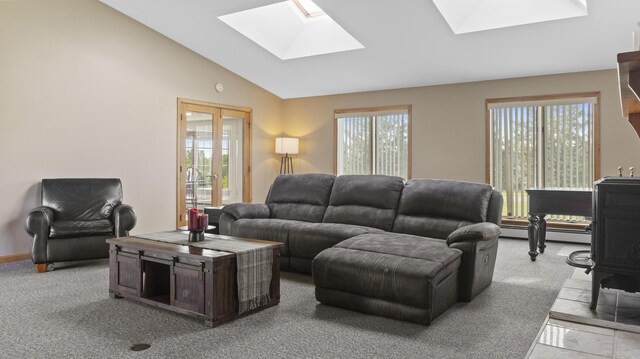 178 Potter Rd, Hudson, ME 04449 - living area featuring a skylight, carpet floors, lofted ceiling, and baseboard heating