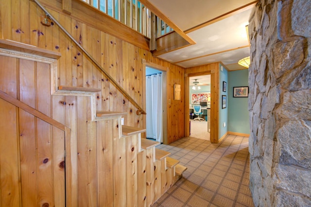 147 Spring Valley Rd, Raymond, ME 04071 - stairs with wood walls and a ceiling fan