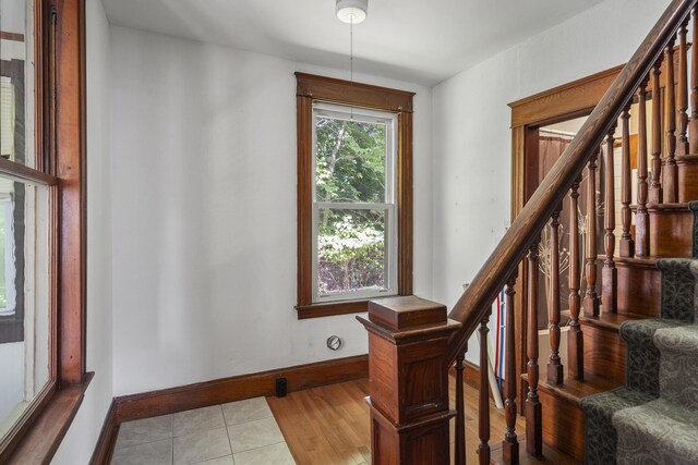 8 Riverview Ave, Lewiston, ME 04240 - staircase featuring baseboards and wood finished floors