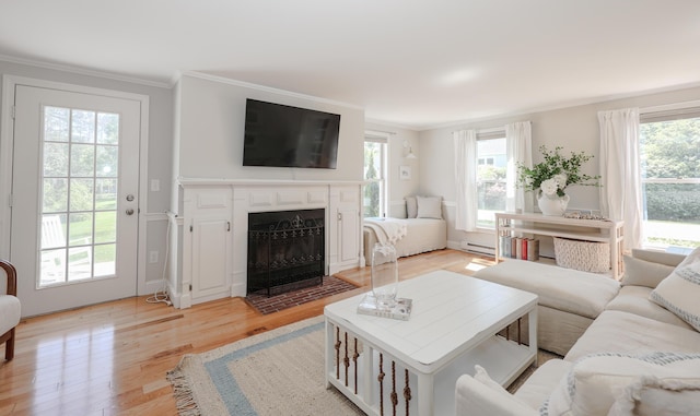 1 Ephraim Tyler Way Unit 1, Kennebunk, ME 04043 - living room featuring healthy amount of natural light, crown molding, light wood-style flooring, a fireplace with flush hearth, and a baseboard radiator