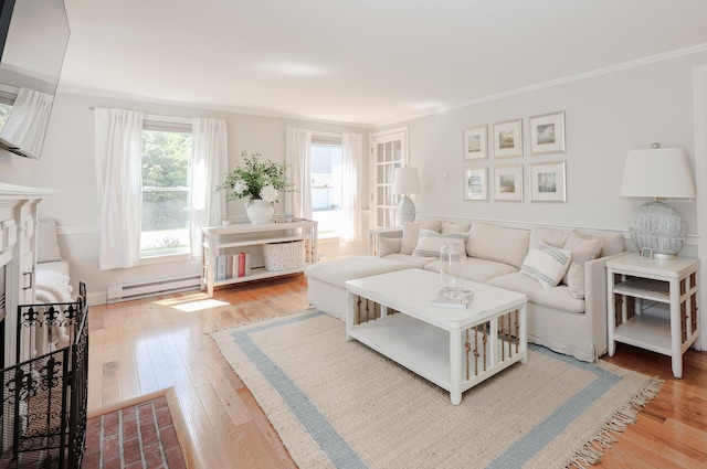 1 Ephraim Tyler Way Unit 1, Kennebunk, ME 04043 - living area with a baseboard radiator, wood-type flooring, a fireplace, and ornamental molding