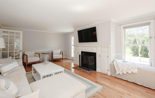1 Ephraim Tyler Way Unit 1, Kennebunk, ME 04043 - living room with ornamental molding, light wood finished floors, and a fireplace with flush hearth