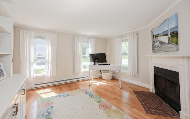 1 Ephraim Tyler Way Unit 1, Kennebunk, ME 04043 - unfurnished living room featuring a baseboard heating unit, light wood-style flooring, crown molding, and a fireplace with flush hearth