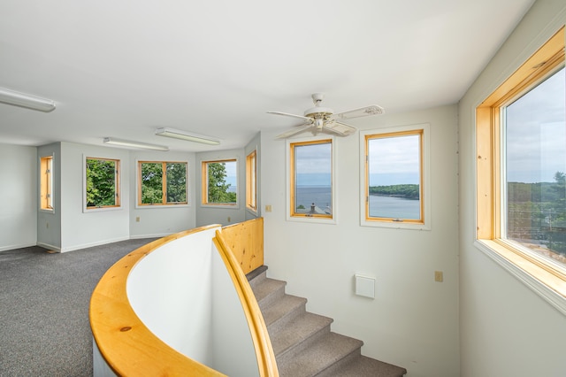34 Old County Rd, Rockport, ME 04841 - stairway with ceiling fan and carpet