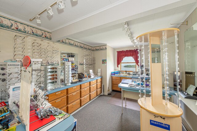 34 Old County Rd, Rockport, ME 04841 - miscellaneous room featuring rail lighting, crown molding, and carpet flooring