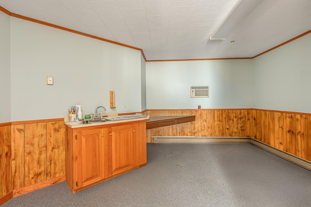 34 Old County Rd, Rockport, ME 04841 - bar area featuring a wainscoted wall, wooden walls, a wall unit AC, ornamental molding, and a baseboard heating unit
