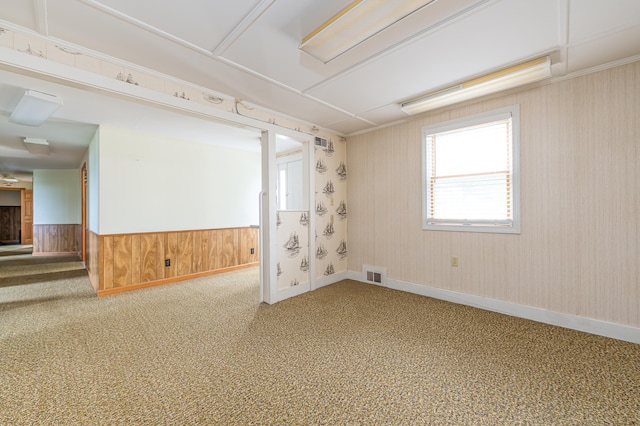 34 Old County Rd, Rockport, ME 04841 - carpeted spare room featuring wainscoting and wooden walls
