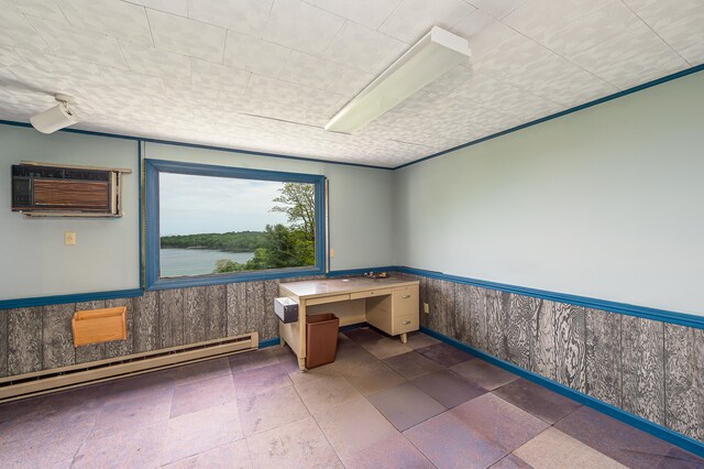34 Old County Rd, Rockport, ME 04841 - unfurnished office featuring a baseboard heating unit, wainscoting, a wall unit AC, and wooden walls