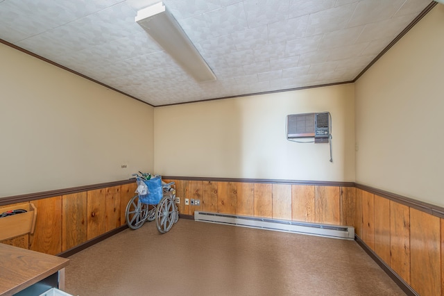 34 Old County Rd, Rockport, ME 04841 - empty room with a baseboard heating unit, a wainscoted wall, ornamental molding, wooden walls, and a wall unit AC