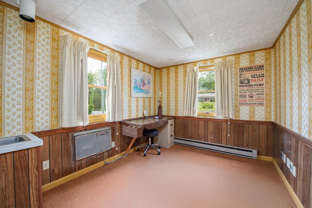 34 Old County Rd, Rockport, ME 04841 - home office with a baseboard heating unit, healthy amount of natural light, a wainscoted wall, wallpapered walls, and an AC wall unit