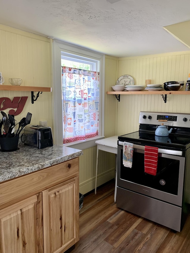 14 Third St, Eastport, ME 04631 - kitchen featuring electric stove, open shelves, and dark wood-type flooring
