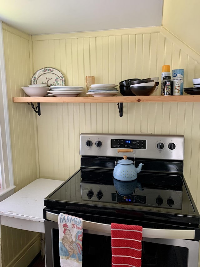 14 Third St, Eastport, ME 04631 - kitchen with stainless steel electric range oven and open shelves