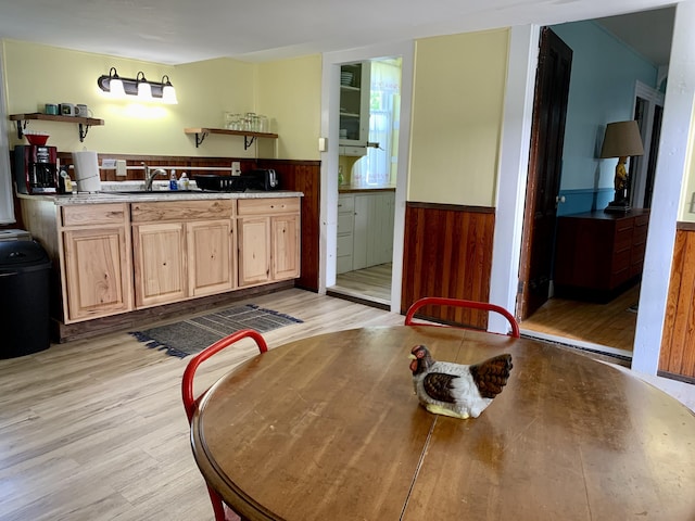 14 Third St, Eastport, ME 04631 - kitchen featuring wainscoting, light brown cabinetry, light wood finished floors, open shelves, and wooden walls