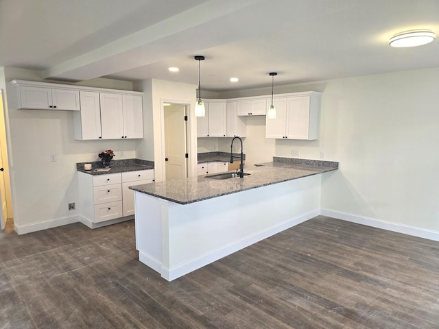 17 Signal St Unit I-1, Sanford, ME 04083 - kitchen featuring a peninsula, white cabinets, dark wood-style floors, recessed lighting, and dark stone countertops