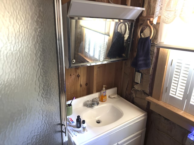 107 Haskell Ave, Raymond, ME 04071 - bathroom with vanity, wooden walls, and healthy amount of natural light