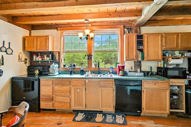 208 Benson Rd, West Gardiner, ME 04345 - kitchen featuring black appliances, light wood finished floors, a wood ceiling with exposed beams, open shelves, and hanging light fixtures